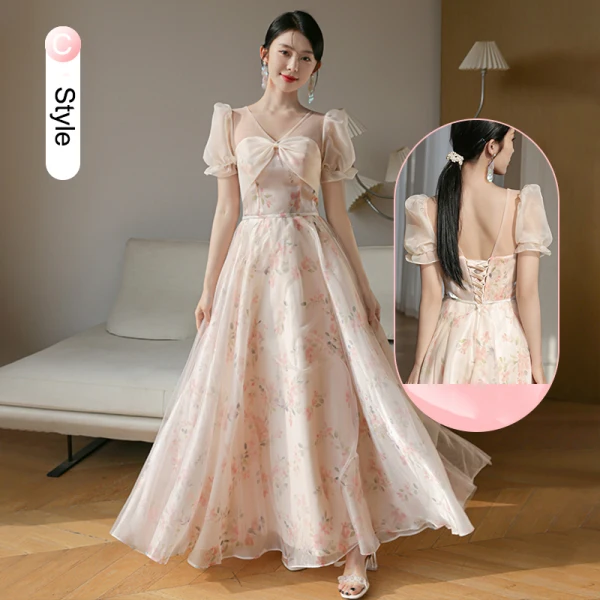 Chic / Beautiful Blushing Pink Bow Printing Bridesmaid Dresses 2023 A-Line / Princess Short Sleeve Backless Floor-Length / Long Bridesmaid Dresses