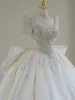 Vintage / Retro Ivory Beading Pearl Rhinestone Wedding Dresses 2024 Ball Gown Square Neckline Short Sleeve Backless Bow Royal Train Wedding