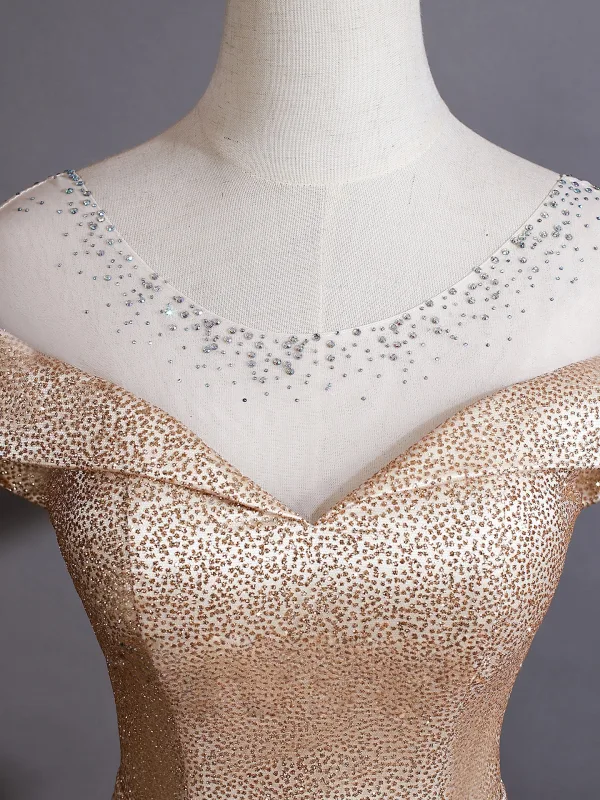 Dazzling Gold Sequins Rhinestone Bow Sash Evening Dresses 2026 A-Line / Princess Scoop Neck Cap Sleeves Backless