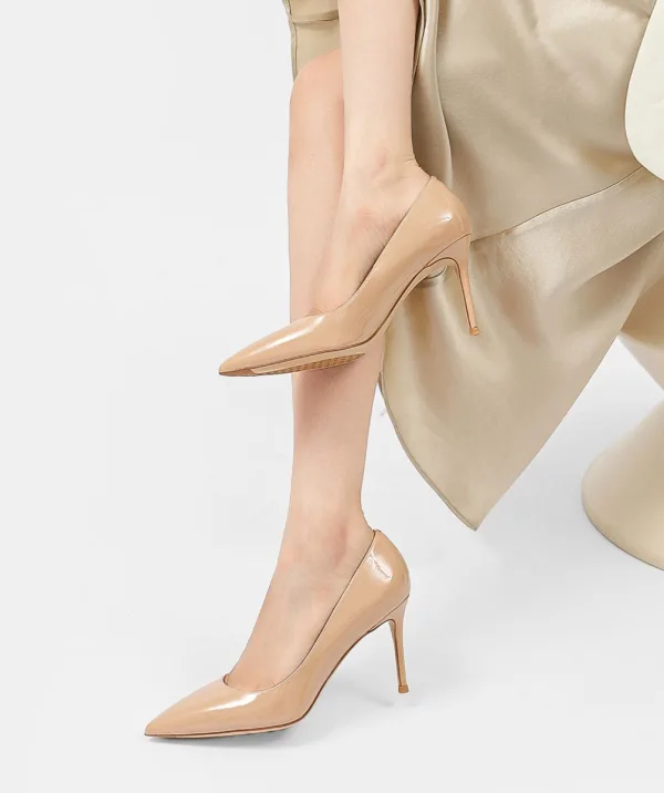 Schöne Nude Handgefertigt Lackleder Ball Pumps 2024 Leder 8 cm Stilettos Spitzschuh Pumps Hochhackige