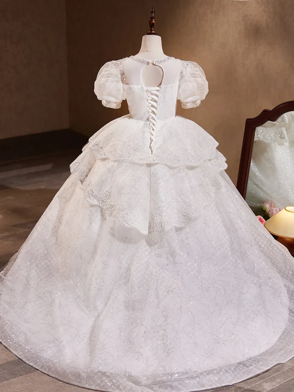 Charming White Beading Pearl Sequins Cascading Ruffles Birthday Flower Girl Dresses 2023 Ball Gown Scoop Neck Puffy Short Sleeve Floor-Length / Long Flower Girl Dresses