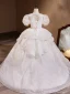 Charming White Beading Pearl Sequins Cascading Ruffles Birthday Flower Girl Dresses 2023 Ball Gown Scoop Neck Puffy Short Sleeve Floor-Length / Long Flower Girl Dresses