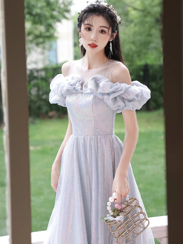 Sparkly Grey Glitter Sequins Prom Dresses 2023 A-Line / Princess Scoop Neck Ruffle Short Sleeve Backless Floor-Length / Long Prom Formal Dresses