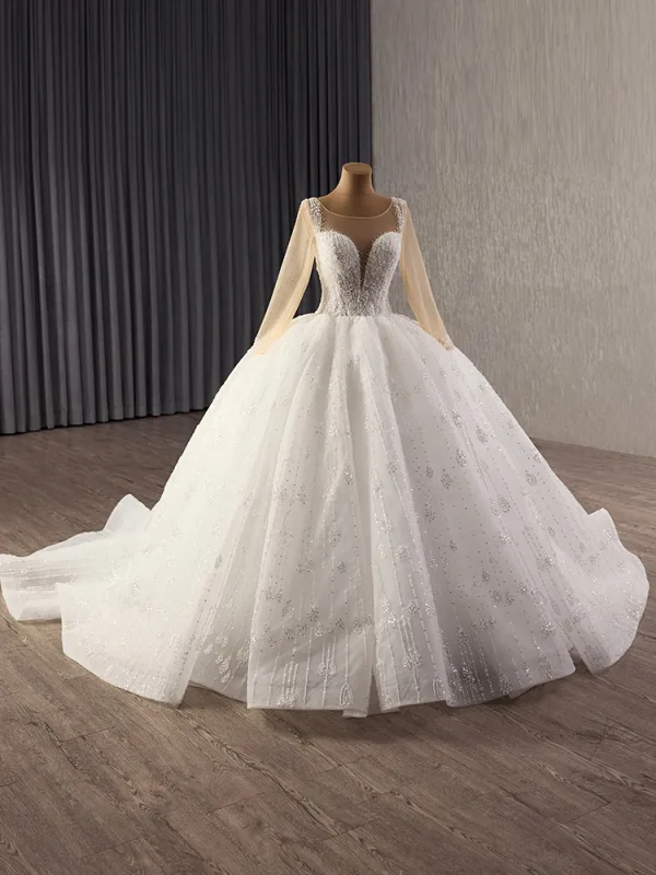Luxury / Gorgeous White Handmade  Beading Sequins Pearl Wedding Dresses 2025 Ball Gown Scoop Neck Long Sleeve Chapel Train Wedding