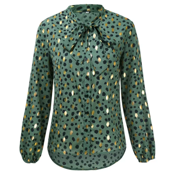 Elegant Green Printing Floral Chiffon Women Blouses 2021 Loose High Neck Work Street Wear Fall Spring Long Sleeve Tops