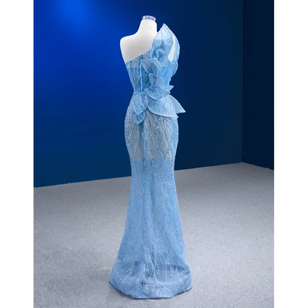 Sexy Sky Blue Beading Sequins Evening Dresses 2023 Trumpet / Mermaid Strapless Sleeveless Backless Floor-Length / Long Evening Party Formal Dresses