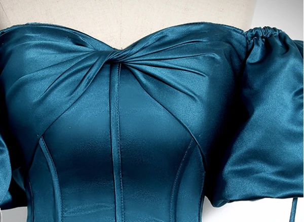 Vintage / Retro Ink Blue Satin Prom Dresses 2024 Ball Gown Off-The-Shoulder Puffy Short Sleeve Backless Floor-Length / Long Prom Formal Dresses