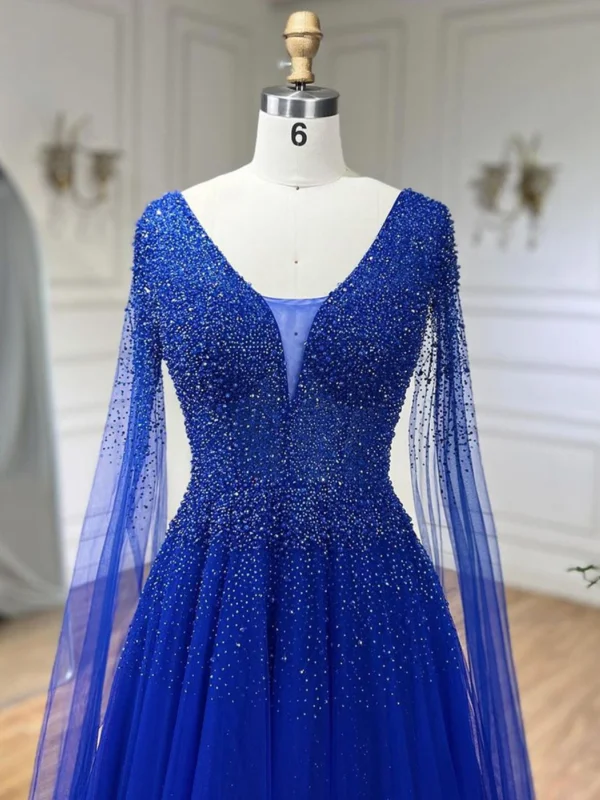 High-end Royal Blue Handmade  Beading Prom Dresses 2024 A-Line / Princess V-Neck Sleeveless Backless Floor-Length / Long Prom Formal Dresses