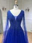 High-end Royal Blue Handmade  Beading Prom Dresses 2024 A-Line / Princess V-Neck Sleeveless Backless Floor-Length / Long Prom Formal Dresses