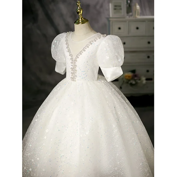Bling Bling Ivory Pearl Sequins Birthday Flower Girl Dresses 2022 Ball Gown Scoop Neck Puffy Short Sleeve Floor-Length / Long Flower Girl Dresses