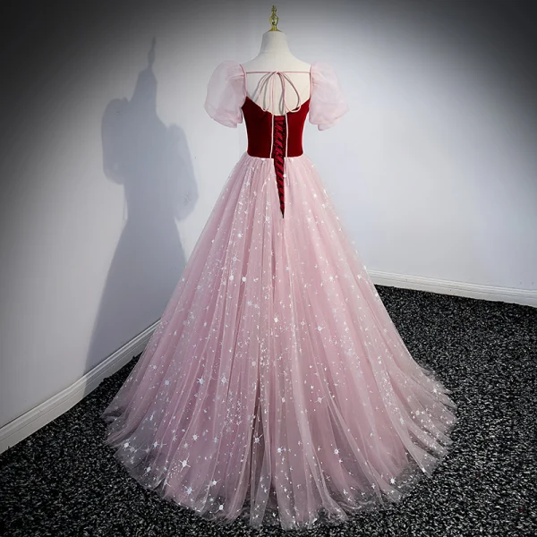 Charming Burgundy Prom Dresses 2022 A-Line / Princess Square Neckline Sequins Puffy Short Sleeve Backless Floor-Length / Long Formal Dresses