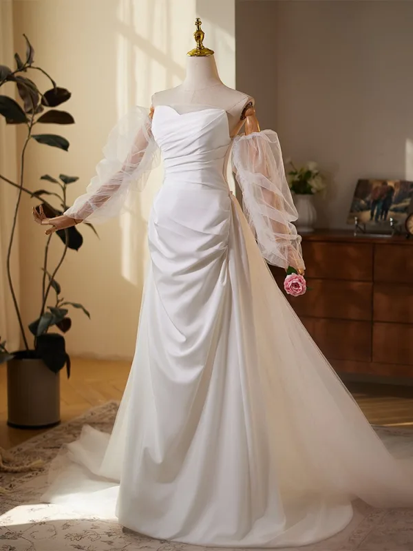 Schöne Weiß Satin Leichtes Brautkleider / Hochzeitskleider 2025 Meerjungfrau Bandeau Ärmellos Rückenfreies Sweep / Pinsel Zug Hochzeit