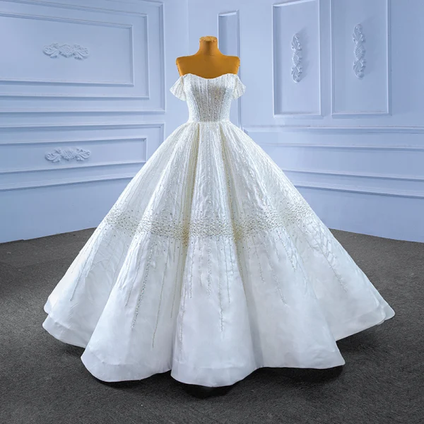 High End Elegante Ivory / Creme Handgefertigt Perlenstickerei Pailletten Brautkleider / Hochzeitskleider 2022 Ballkleid Bandeau Ärmellos Rückenfreies Lange Hochzeit