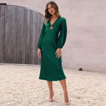 Sexy Dark Green Holiday Beach Satin Women Dresses 2023 Deep V Neck Long Sleeve Backless Lace Up Tea Length Womens Clothing