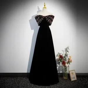 Élégant Noire Velours Paillettes Robe De Soirée 2023 Princesse Bustier Sans Manches Dos Nu Longue Soirée Robe De Ceremonie