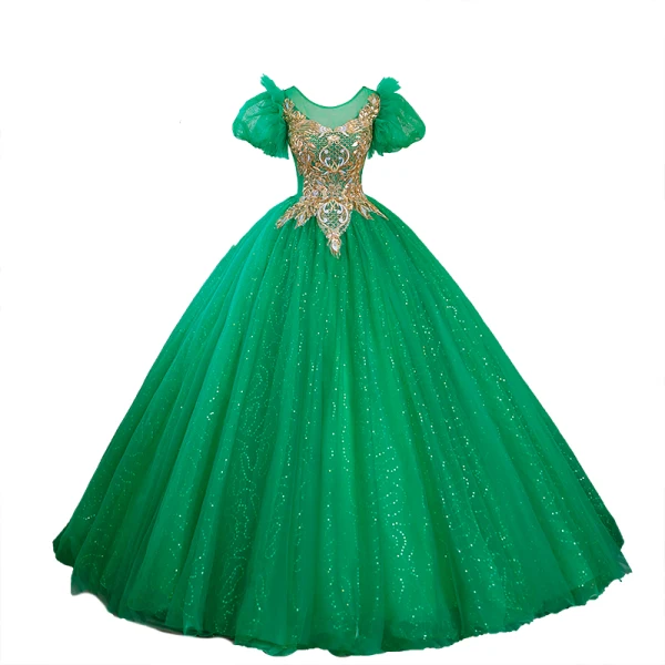 Vintage / Retro Green Beading Sequins Lace Flower Prom Dresses 2023 Ball Gown Scoop Neck Puffy Short Sleeve Backless Floor-Length / Long Prom Formal Dresses