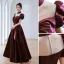 Elegant Burgundy Prom Dresses 2022 A-Line / Princess High Neck Puffy Short Sleeve Bow Rhinestone Floor-Length / Long Formal Dresses