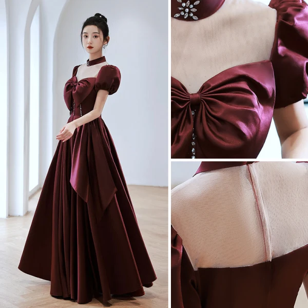 Fashion Burgundy Bow Satin Rhinestone Evening Dresses 2022 A-Line / Princess High Neck Puffy Short Sleeve Floor-Length / Long Evening Party Formal Dresses