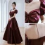 Fashion Burgundy Bow Satin Rhinestone Evening Dresses 2022 A-Line / Princess High Neck Puffy Short Sleeve Floor-Length / Long Evening Party Formal Dresses