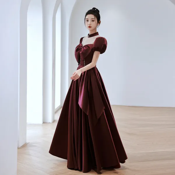 Elegant Burgundy Prom Dresses 2022 A-Line / Princess High Neck Puffy Short Sleeve Bow Rhinestone Floor-Length / Long Formal Dresses