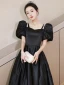 Elegant Black Satin Prom Dresses 2023 A-Line / Princess Square Neckline Puffy Short Sleeve Backless Floor-Length / Long Prom Formal Dresses