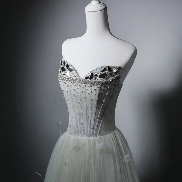 Charmant Vert Cendré Perlage Paillettes Robe De Soirée 2026 Princesse Bustier Sans Manches Dos Nu Longue Robe De Ceremonie