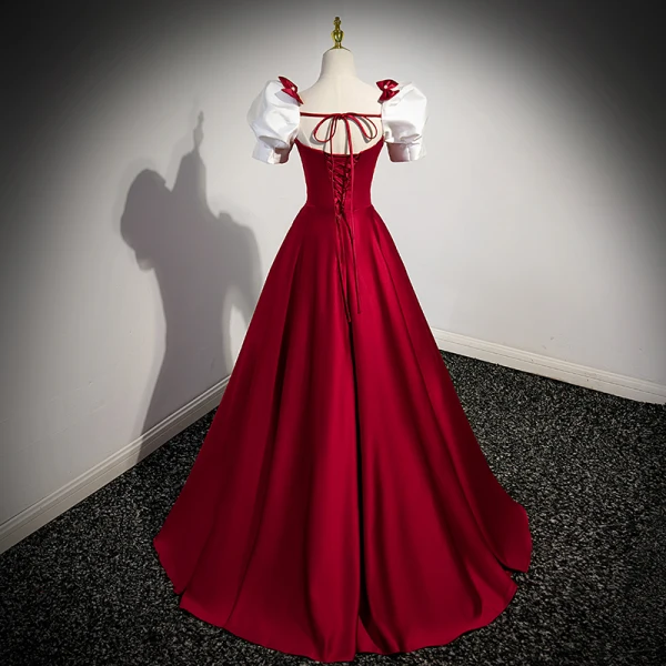 Elegant Burgundy Satin Prom Dresses 2023 A-Line / Princess Square Neckline Puffy Short Sleeve Backless Bow Floor-Length / Long Prom Formal Dresses