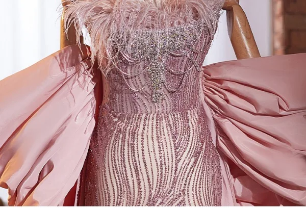 Lovely Blushing Pink Sequins Rhinestone Prom Dresses 2024 Trumpet / Mermaid Strapless Tassel Short Sleeve Backless Floor-Length / Long Prom Formal Dresses