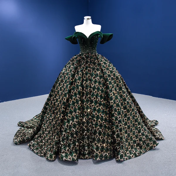 Scintillantes Vert Foncé Perlage Paillettes Daim Robe De Bal 2022 Robe Boule De l'épaule Manches Courtes Dos Nu Chapel Train Promo Robe De Ceremonie