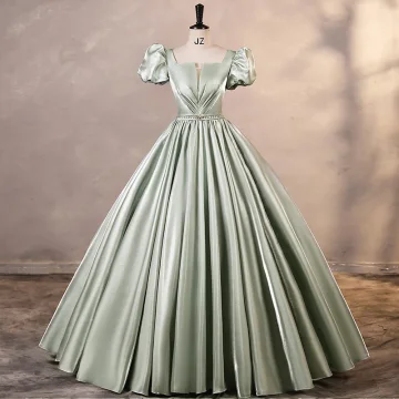 Simple Vert Cendré Satin Robe De Bal 2023 Robe Boule Encolure Carrée Gonflée Manches Courtes Dos Nu Longue Promo Robe De Ceremonie