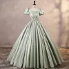 Modest / Simple Sage Green Satin Prom Dresses 2023 Ball Gown Square Neckline Puffy Short Sleeve Backless Floor-Length / Long Prom Formal Dresses