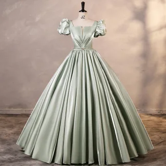 Modest Simple Sage Green Satin Prom Dresses 2023 Ball Gown Square Neckline Puffy Short Sleeve Backless Floor Length Long Prom Formal Dresses