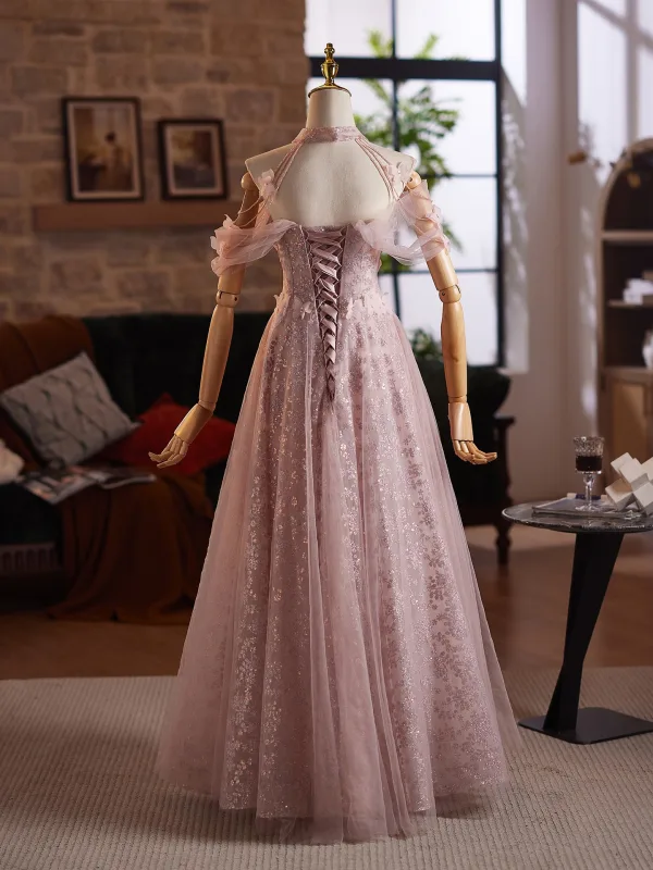 Flower Fairy Blushing Pink Beading Sequins Butterfly Appliques Prom Dresses 2025 A-Line / Princess High Neck Sleeveless Backless Floor-Length / Long Formal Dresses