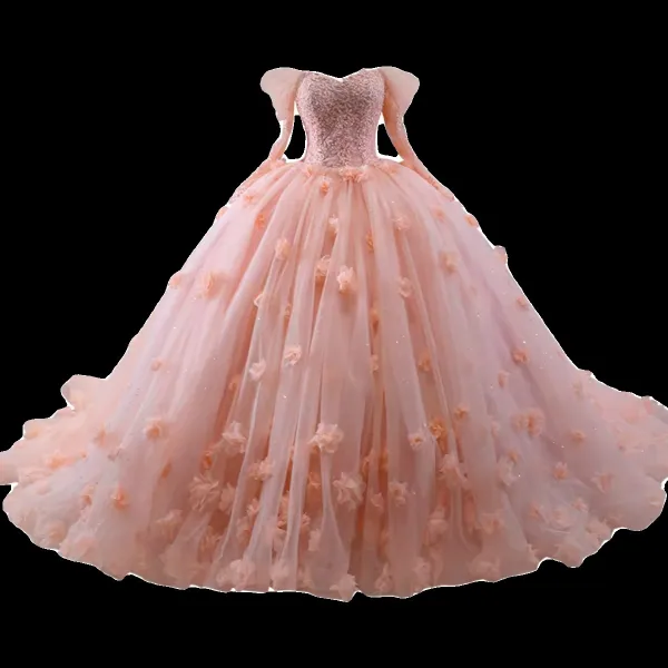 Luxury / Gorgeous Candy Pink Handmade  Beading Pearl Sequins Lace Flower Appliques Cascading Ruffles Prom Dresses 2023 Ball Gown Off-The-Shoulder 3/4 Sleeve Backless