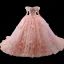 Luxury / Gorgeous Candy Pink Handmade  Beading Pearl Sequins Lace Flower Appliques Cascading Ruffles Prom Dresses 2023 Ball Gown Off-The-Shoulder 3/4 Sleeve Backless