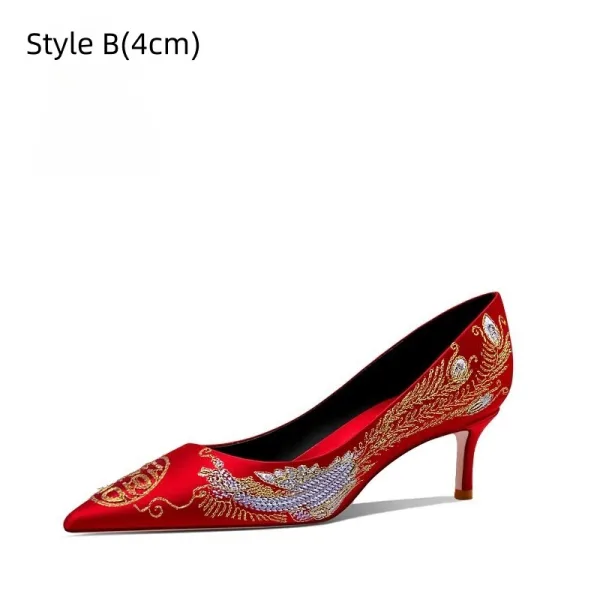 Chinese style Red Embroidered Leather Wedding Shoes 2026 6 cm Stiletto Heels Pointed Toe Wedding High Heels
