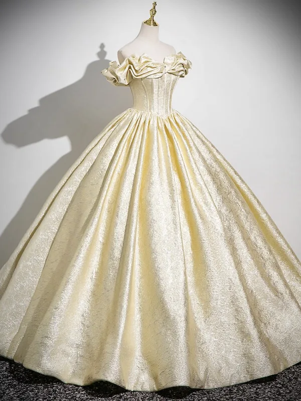 Chic / Beautiful Yellow Prom Dresses Ball Gown 2025 Off-The-Shoulder Short Sleeve Backless Floor-Length / Long Prom Formal Dresses