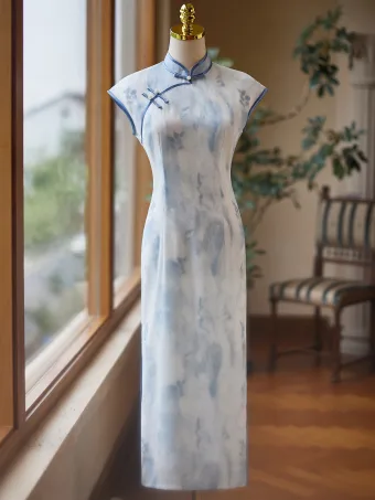 Classy Chinese Style Sky Blue Summer Cheongsam 2024 Trumpet Mermaid High Neck Sleeveless Tea Length