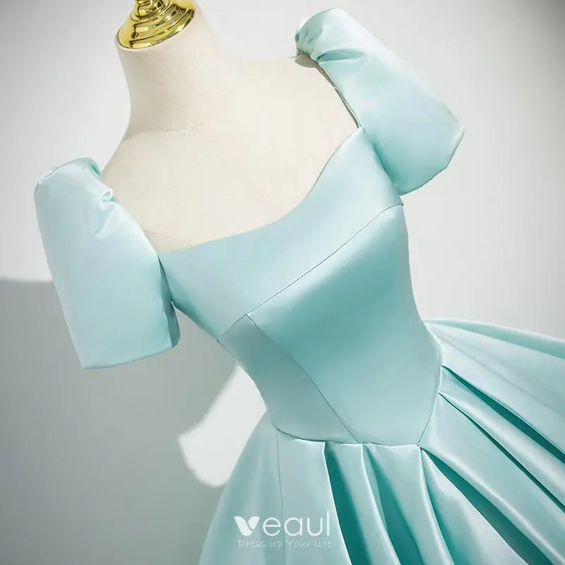 Classy Mint Green Satin Prom Dresses 2025 Ball Gown Square Neckline Short Sleeve Backless Bow Floor-Length / Long Prom Formal Dresses Classy Mint Green Satin Prom Dresses 2025 Ball Gown Square Neckline Short Sleeve Backless Bow Floor-Length / Long Prom Formal Dresses