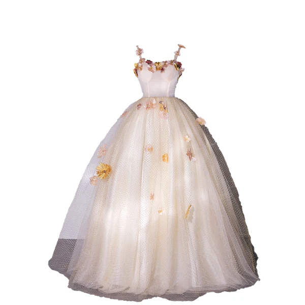 Flower Fairy Champagne Lace Flower Appliques Prom Dresses 2022 A-Line / Princess Spaghetti Straps Sleeveless Backless Floor-Length / Long Prom Formal Dresses