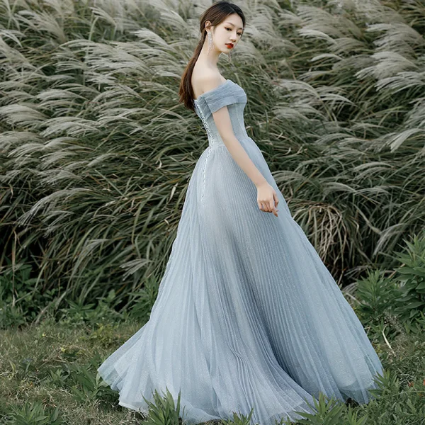 Modest / Simple Sky Blue Glitter Prom Dresses 2022 A-Line / Princess Off-The-Shoulder Short Sleeve Backless Floor-Length / Long Prom Formal Dresses