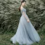 Modest / Simple Sky Blue Glitter Prom Dresses 2022 A-Line / Princess Off-The-Shoulder Short Sleeve Backless Floor-Length / Long Prom Formal Dresses