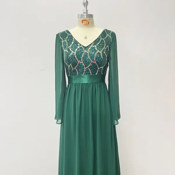 Chic / Beautiful Dark Green Sequins Evening Dresses 2023 A-Line / Princess V-Neck Long Sleeve Chiffon Sash Floor-Length / Long Evening Party Formal Dresses