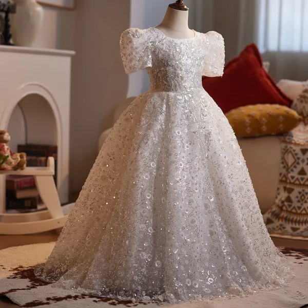 Sparkly Charming White Beading Pearl Sequins Birthday Flower Girl Dresses 2025 Ball Gown Square Neckline Short Sleeve Floor-Length / Long Tulle