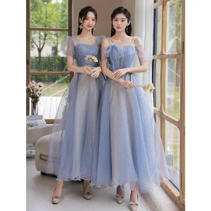 Modest Simple Sky Blue Spotted Bridesmaid Dresses 2023 A Line Princess Square Neckline Short Sleeve Backless Bow Sash Tea Length Bridesmaid Dresses