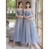 Modest / Simple Sky Blue Spotted Bridesmaid Dresses 2023 A-Line / Princess Square Neckline Short Sleeve Backless Bow Sash Tea-length Bridesmaid Dresses