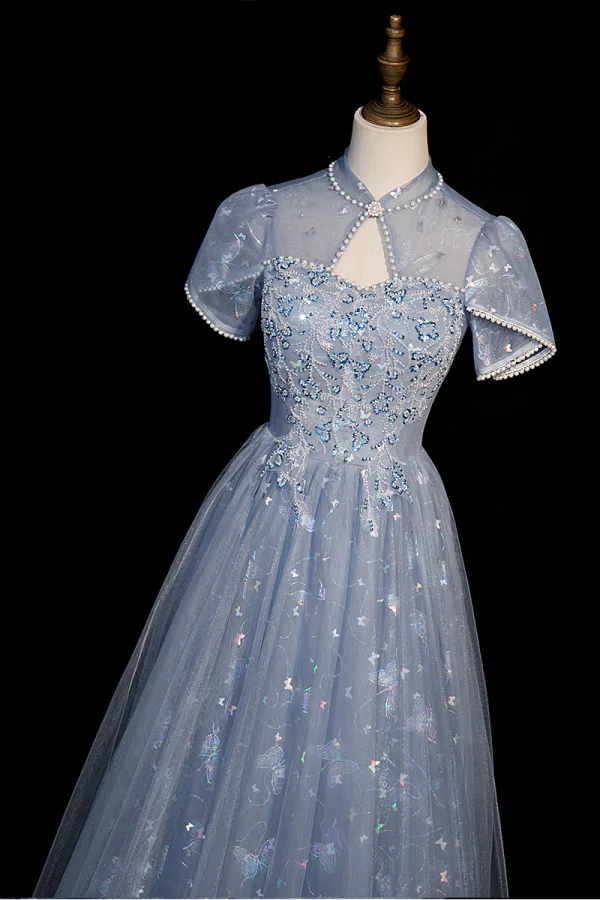 Fashion Sky Blue Beading Pearl Sequins Butterfly Appliques Prom Dresses 2023 A-Line / Princess High Neck Short Sleeve Backless Floor-Length / Long Prom Formal Dresses