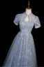 Fashion Sky Blue Beading Pearl Sequins Butterfly Appliques Prom Dresses 2023 A-Line / Princess High Neck Short Sleeve Backless Floor-Length / Long Prom Formal Dresses