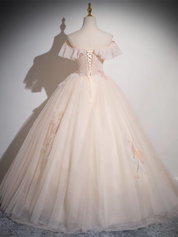 Chic / Beautiful Champagne Beading Sequins Lace Flower Prom Dresses 2024 Ball Gown Off-The-Shoulder Sleeveless Backless Floor-Length / Long Prom Formal Dresses
