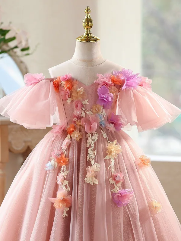 Chic / Beautiful Blushing Pink Lace Flower Appliques Birthday Flower Girl Dresses 2026 Ball Gown Scoop Neck Short Sleeve Backless